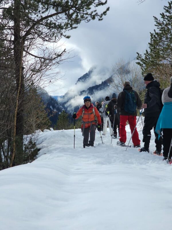 Guía de montaña profesional con un grupo por una ruta con raquetas de nieve en la Val de Boí.
