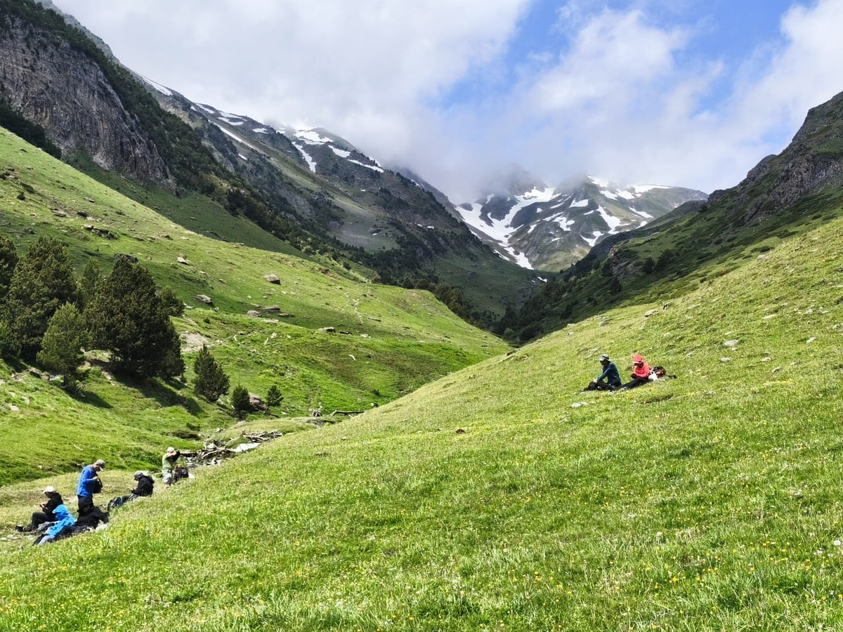 Grupo de senderistas descansando en prado verde durante unas vacaciones en la Val d Aran